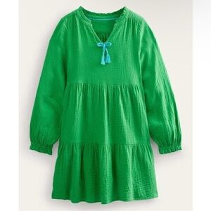 BODEN Girls Green Cotton Double Cloth Gauze Tiered Dress Bow Long Sleeve 13-14Y